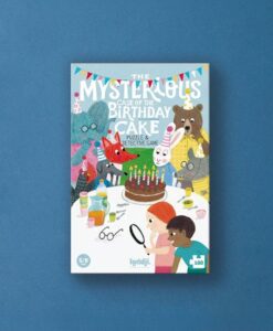 Puzzle de misterio de Londji: caja con el título, los animales del pueblo y la tarta de cumpleaños