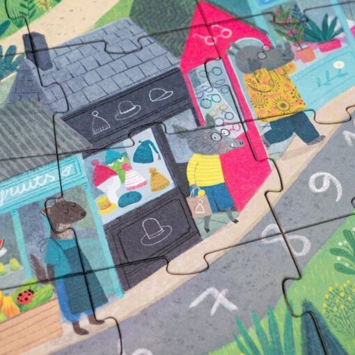 Puzzle de misterio de Londji: detalle de un puesto de sombreros con personajes y la forma de las piezas