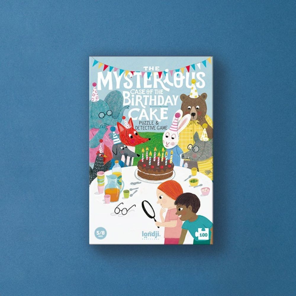 Puzzle - THE MYSTERIOUS CASE OF THE BIRTHDAY Puzzle de misterio de Londji: caja con el título, los animales del pueblo y la tarta de cumpleaños