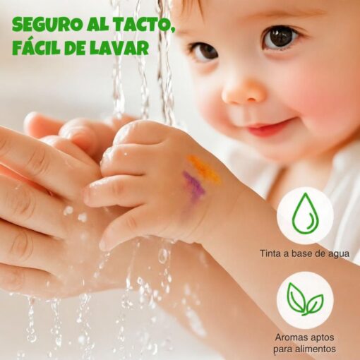 Rotuladores lavables perfumados de Jarmelo: bebé lavándose las manos manchadas de tinta al agua