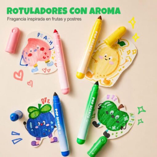 Rotuladores lavables perfumados de Jarmelo: rotuladores sobre dibujos de frutas coloreados