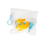 Pato squishy pegajoso Scrunchems: bolsa transparente con clip azul con el pato, el patito y los pompones dentro