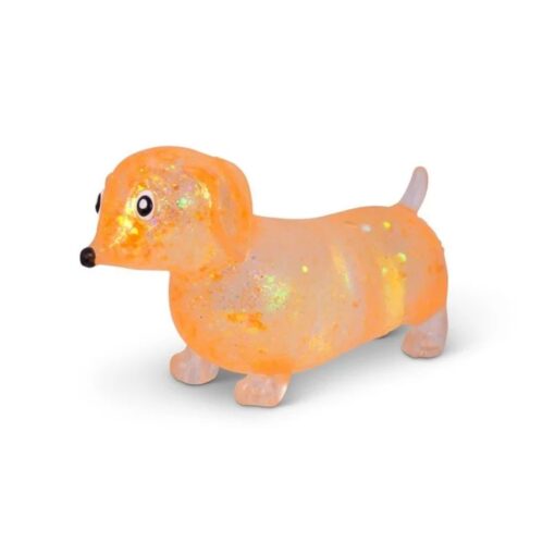 Perro salchicha squishy Sugar Sausage Dog: perro salchicha naranja de lado con su purpurina dorada