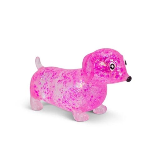 Perro salchicha squishy Sugar Sausage Dog: perro salchicha rosa de lado, translúcido y lleno de purpurina