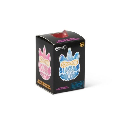 Unicornio squishy Sugar Unicorn: caja negra Sugar Unicorn con el unicornio azul dibujado