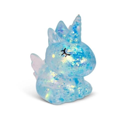 Unicornio squishy Sugar Unicorn: unicornio azul translúcido con cuerno, crin, alas y purpurina