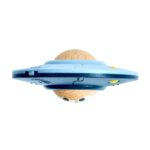 Spinning UFO Fidget de Hape: ovni azul visto de lado con la bola de madera asomando por debajo del disco