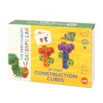 Cubos de construcción de La oruga glotona: niño construyendo con los cubos y una tarjeta, aprende con cuentos y juego