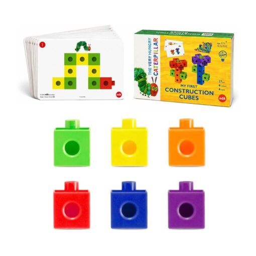 Cubos de construcción de La oruga glotona: mano pequeña cogiendo un cubo verde, cubos ligeros de bordes suaves