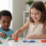 dos niños colocando piedras de colores sobre las tarjetas en una mesa Rainbow Pebbles de La oruga glotona: dos niños colocando piedras de colores sobre las tarjetas en una mesa