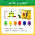 Cubos de construcción de La oruga glotona: qué hay en la caja: 27 cubos de 2,5 cm en 6 colores y 6 tarjetas