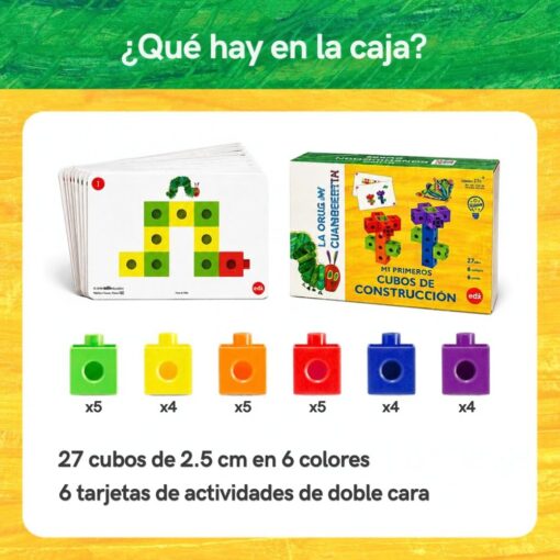 Cubos de construcción de La oruga glotona: qué hay en la caja: 27 cubos de 2,5 cm en 6 colores y 6 tarjetas