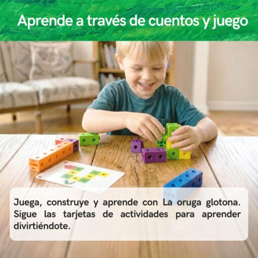 Cubos de construcción de La oruga glotona: caja de los cubos de construcción con la oruga y una figura hecha con cubos