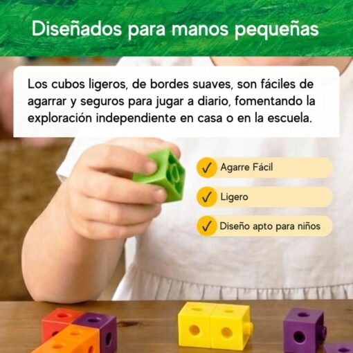 Cubos de construcción de La oruga glotona: caja, tarjetas y cubos verde, amarillo, naranja, rojo, azul y morado