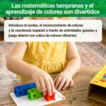 Cubos de construcción de La oruga glotona: niña colocando cubos sobre una tarjeta, primeras matemáticas y colores