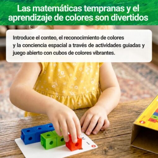 Cubos de construcción de La oruga glotona: niña colocando cubos sobre una tarjeta, primeras matemáticas y colores