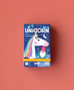 Puzzle de unicornio Tiny Puzzle Unicorn: caja pequeña de frente con el unicornio y el arcoíris