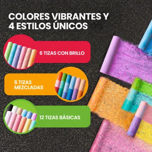 Tizas lavables RAINBOW de Jarmelo: 6 tizas con brillo, 6 mezcladas y 12 básicas, para el suelo