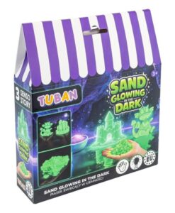 Arena que brilla en la oscuridad de Tuban: caja con toldo de rayas del kit de arena con castillo y dragón verdes brillando