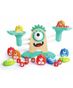 Báscula matemática Monstruosa de Hape: báscula de madera con forma de monstruo de un ojo y monstruos de colores alrededor