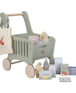 Carrito de la compra de Little Dutch: carrito de madera verde con la bolsa colgada y los productos delante
