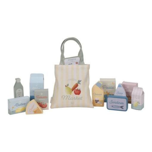 Carrito de la compra de Little Dutch: bolsa de tela de rayas junto a los productos de supermercado de juguete