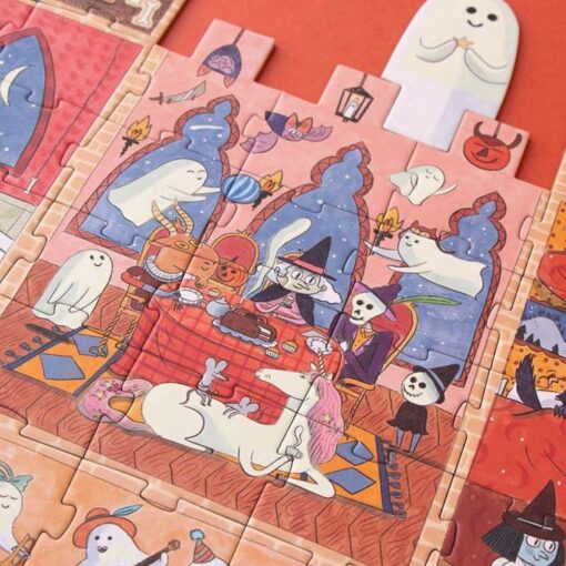 Puzzle Enchanted de Londji: detalle de varias habitaciones con fantasmas, brujas y vecinos