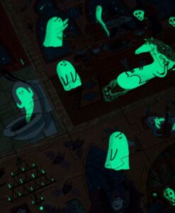 Puzzle Enchanted de Londji: fantasmas verdes brillando en la oscuridad sobre las piezas del puzzle