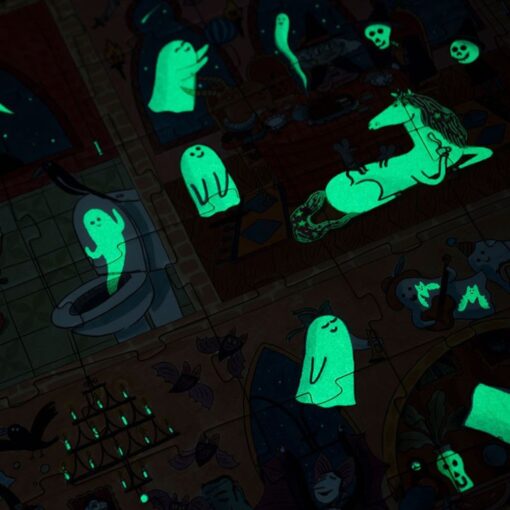 Puzzle Enchanted de Londji: fantasmas verdes brillando en la oscuridad sobre las piezas del puzzle