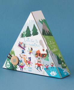 Puzzle reversible de montaña de Londji: caja triangular con forma de montaña y la escena de invierno