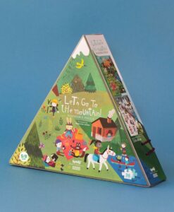 Puzzle reversible de montaña de Londji: caja triangular por la cara de verano con prados y animales