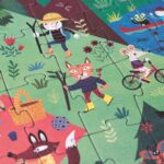 Puzzle reversible de montaña de Londji: detalle del verano con un zorro, ciclistas y una merienda