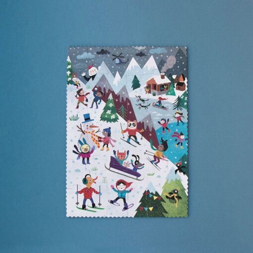 Puzzle reversible de montaña de Londji: cara de invierno montada: esquiadores, patinadores y muñecos de nieve