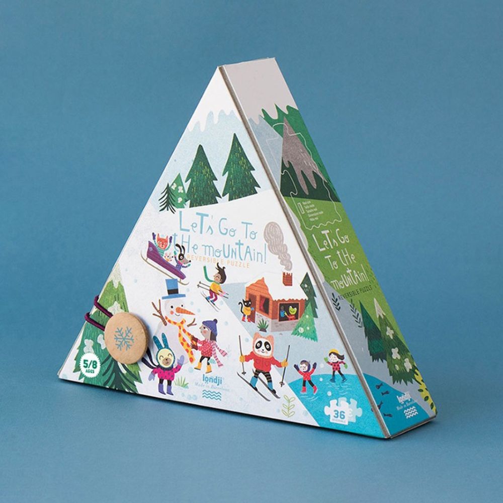 puzzle let's go to the mountain Puzzle reversible de montaña de Londji: caja triangular con forma de montaña y la escena de invierno