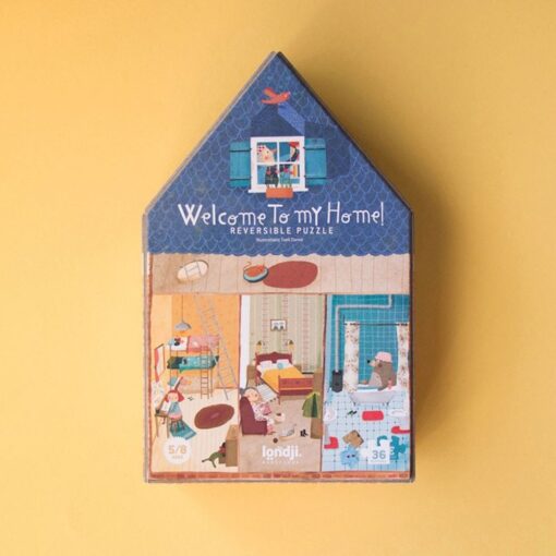 Puzzle Welcome to my home: trasera de la caja con forma de casa y el interior ilustrado