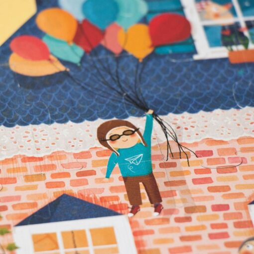 Puzzle Welcome to my home: detalle de un niño con globos de colores en el tejado