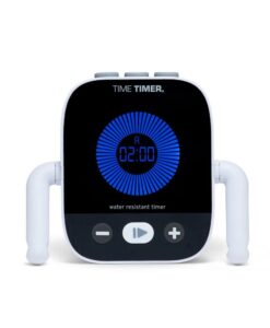 Time Timer Element: temporizador blanco de pie sobre sus brazos con el disco azul y la pantalla en 2 minutos