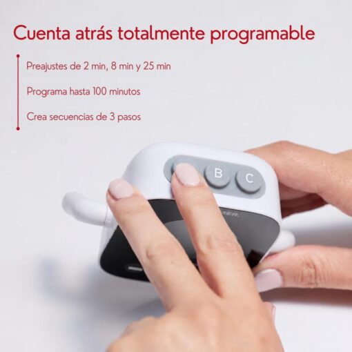Time Timer Element: dedos pulsando los botones de tiempos guardados, cuenta atrás programable