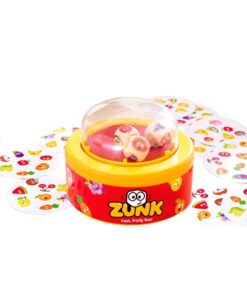 Zunk de Hape, juego de rapidez: cúpula roja y amarilla con los dados dentro y las cartas de frutas alrededor